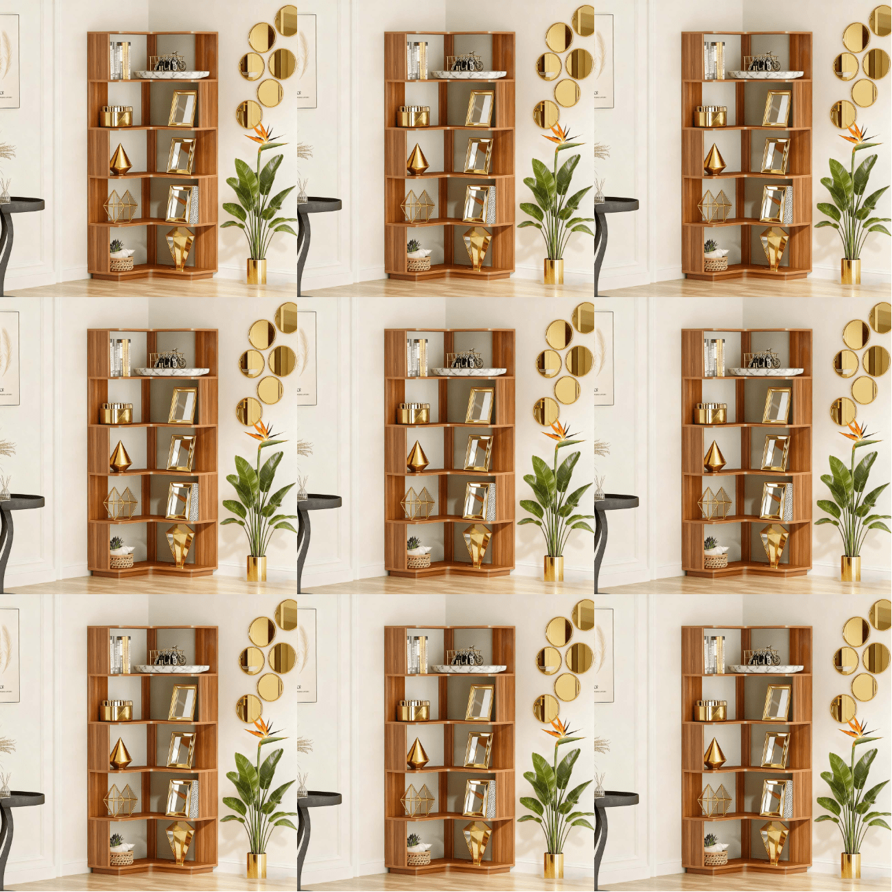 Hoekboekenplank – Hoekrek – Boekenkast – Opbergkast – Vakkenkast – Walnoot Houtnerf – Vrijstaand 6 Niveaus – Anti-Val Zijpanelen