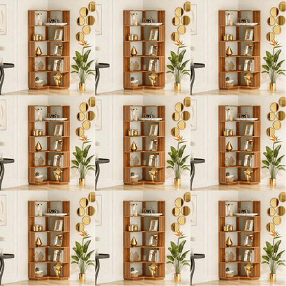 Hoekboekenplank – Hoekrek – Boekenkast – Opbergkast – Vakkenkast – Walnoot Houtnerf – Vrijstaand 6 Niveaus – Anti-Val Zijpanelen
