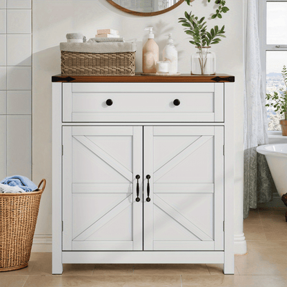 Cabinets with drawers and adjustable shelves, white kitchen cabinets with walnut countertops, modern coffee bar-style storage cabinets, suitable for kitchens, dining rooms, bathrooms and entrance areas.