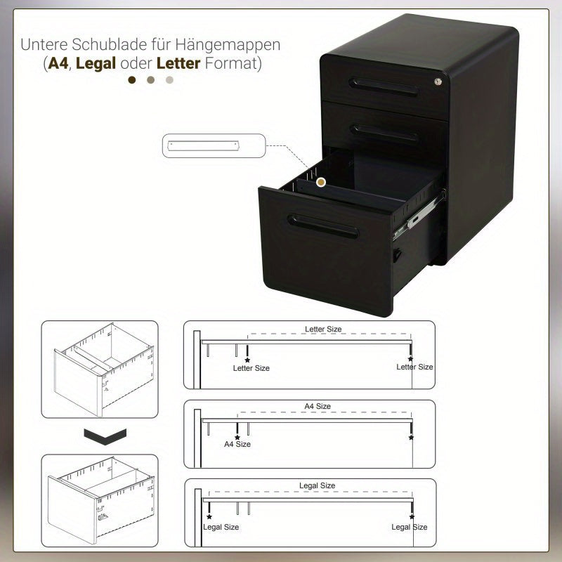 Archiefkast – Ladenkast – Opbergkast – Dossierkast – Ladeblok – 3 Laden Met Slot – Compact En Stevig – Zwart 39x48x59 cm
