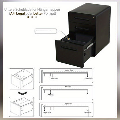 Archiefkast – Ladenkast – Opbergkast – Dossierkast – Ladeblok – 3 Laden Met Slot – Compact En Stevig – Zwart 39x48x59 cm