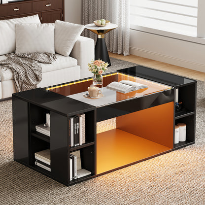 Salontafel glazen – Woonkamertafel koffietafel bijzettafel tafel – Modern design – Gehard glas – Hoogglans zwart – Hol middenstuk – Extra opbergruimte