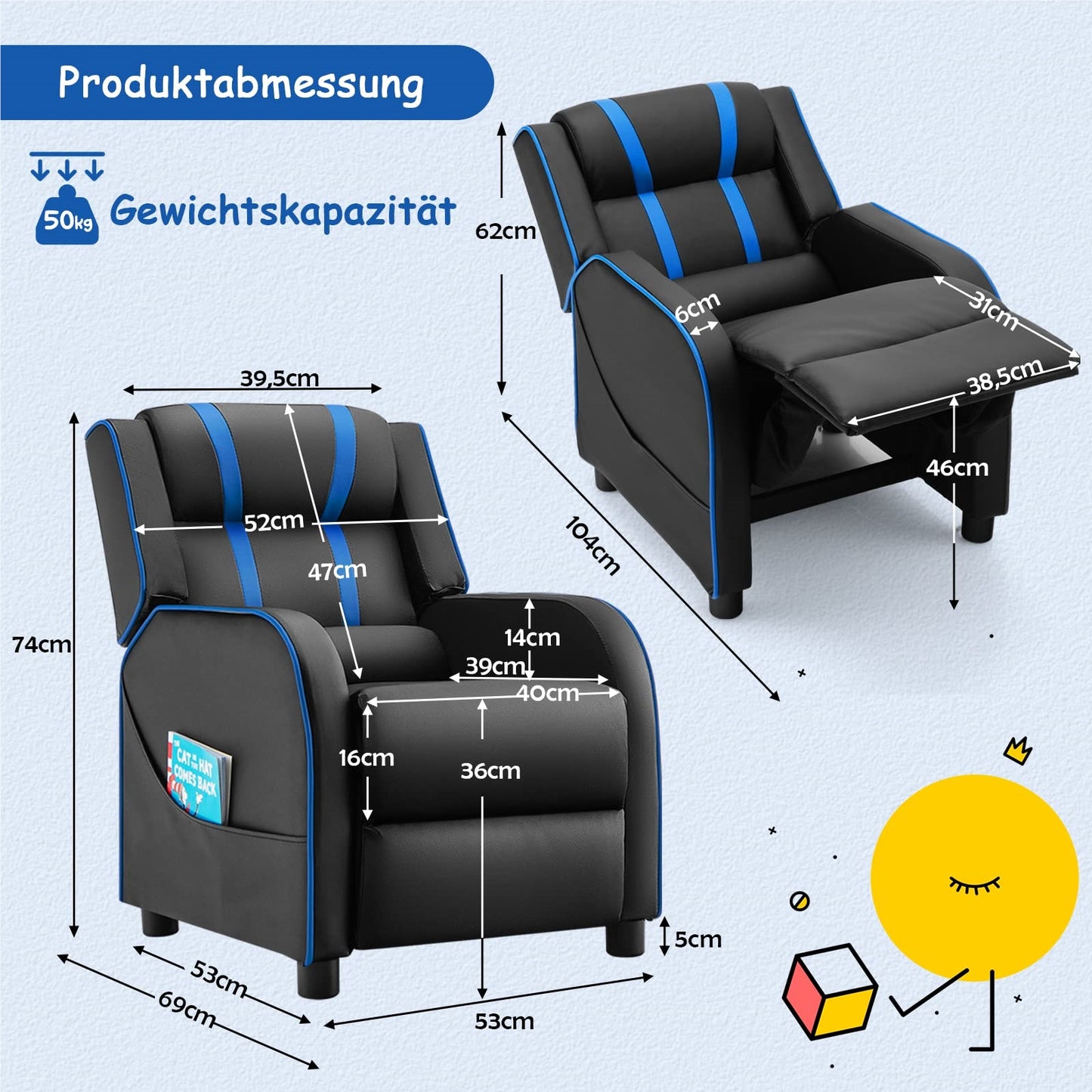 Kinderfauteuil – Kinderstoel – Kinderbank – Kinderzitje – Kindermeubel – Verstelbare Rugleuning en Voetsteun – Kunstleer Blauw 69x53x74 cm