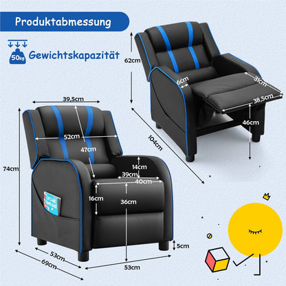 Kinderfauteuil – Kinderstoel – Kinderbank – Kinderzitje – Kindermeubel – Verstelbare Rugleuning en Voetsteun – Kunstleer Blauw 69x53x74 cm