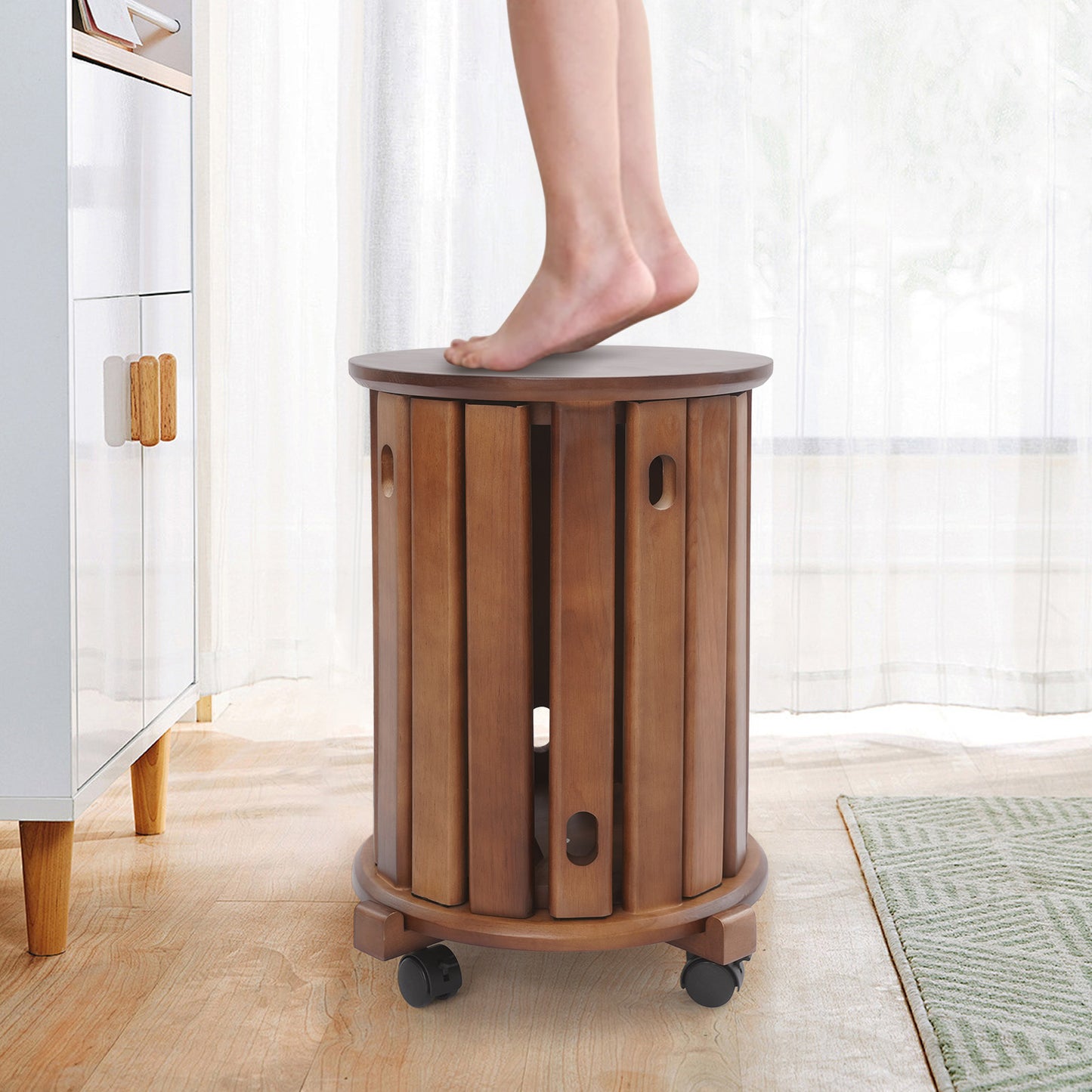StapKrukken – Houten Kruk Set – Ronde Zitkrukken – Barkrukken – Bijzetkruk – Stapelbaar Ontwerp – Met Wieltjes en Remmen – Massief Rubberhout – Compact en Flexibel