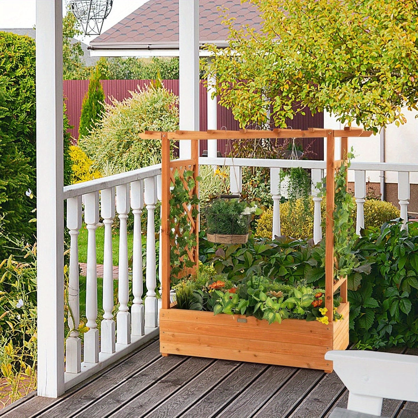 Verhoogde Plantenbak – Tuinbak – Balkonbak – Bloembak – Kruidenbak – Oranje Grenenhout – Verticale Structuur Met Rankenrek – Afneembare Bodem Met Drainage
