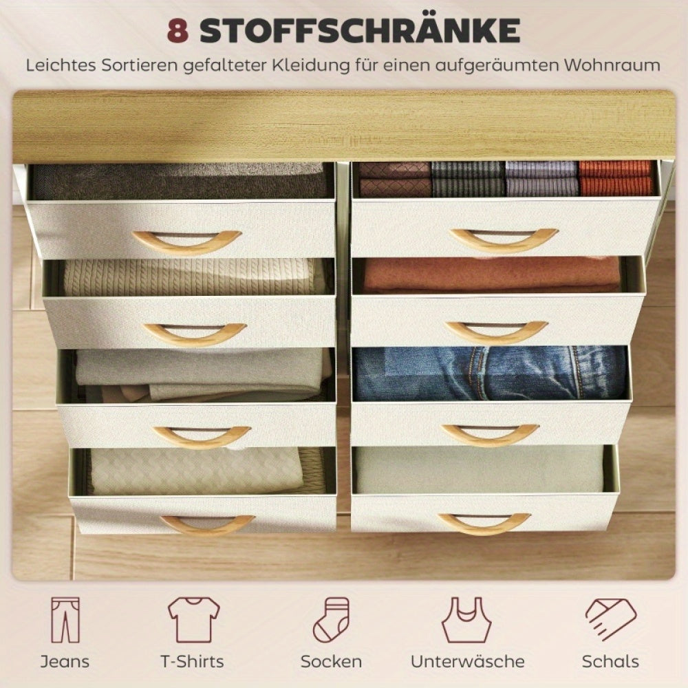 Ladekast – Ladekasten – Opbergkast – Kast – Ladenkast – 8 Stoffen Lades – Stalen Frame – Smal Verticaal Ontwerp – Antikantel Veilig – Inclusief 4 Opbergvakken en 2 Haakjes – Zwart-Wit Design – 68,5 cm Hoog – Duurzaam en Modern