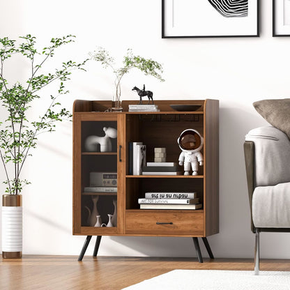 Bijzettafel – Sidetable – Nachtkastje – End Table – Recordplayer Tafel – MDF Metalen Poten – Verstelbare Voeten – Rustiek Bruin