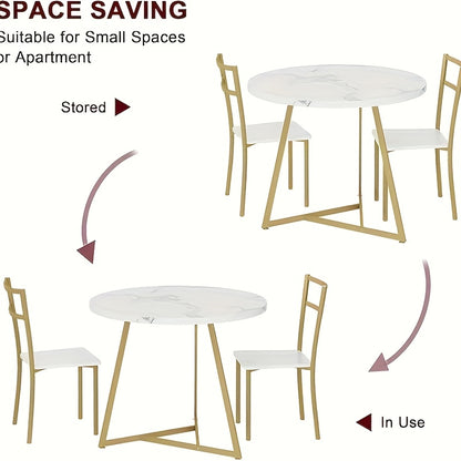 Round Dining Table Set for 2, Wood Marbled Tabletop Dining Room Table and Chairs Set for Kitchen, Dining Room, Apartment, Dinette, Breakfast