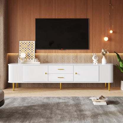 TV-meubel – TV-kast – Media meubels – Meubel voor televisie – Tv-standaard – Wit met gouden accenten – Afgeronde hoeken en golvende zijkanten – Ruime opbergruimte en compact design