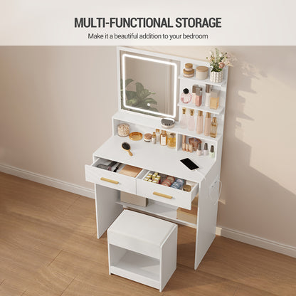 Dressing Table With Adjustable LED Lights, Rechargeable AC Socket And USB Port, Vanity Makeup With Soft Dressing Stool, 2 Drawers, Open Organisers, For Bedroom, Cloakroom, White