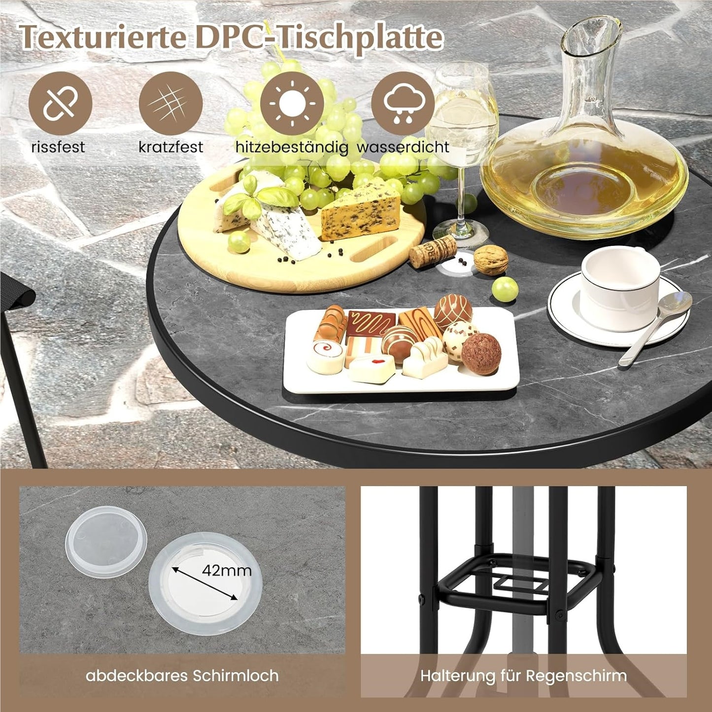 Bistro Tuinset – Balkon Meubels – Terras Set – Buiten Tafel Met Stoelen – Tuinmeubilair – Met Parasolgat – Vouwbare Stoelen – Zwart Metalen Frame – Duurzaam & Compact