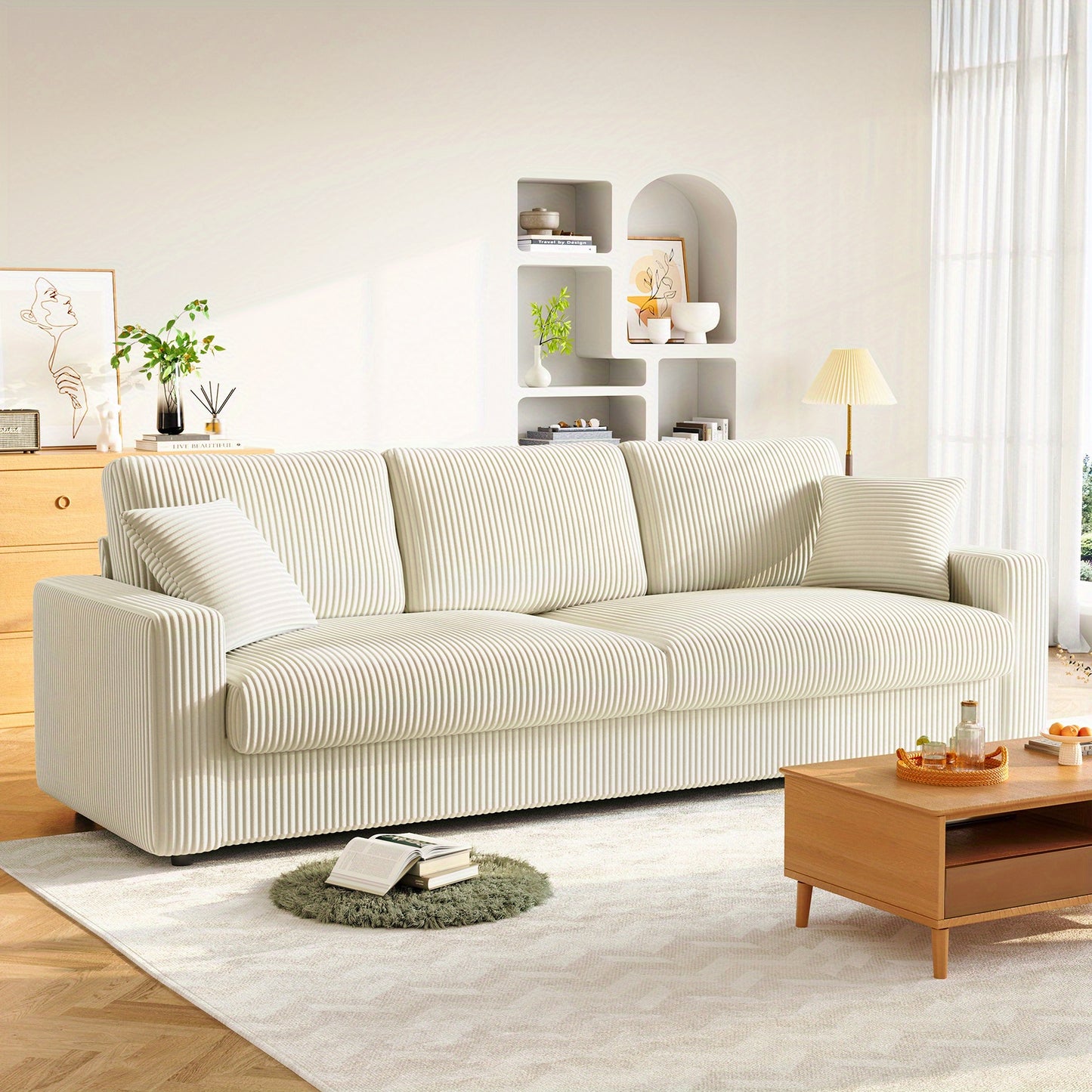 Bankstel – Hoekbank – 4-zitsbank – Slaapbank – Zetel – Beige Corduroy Stof – 256 cm Lengte – Inclusief 2 Sierkussens