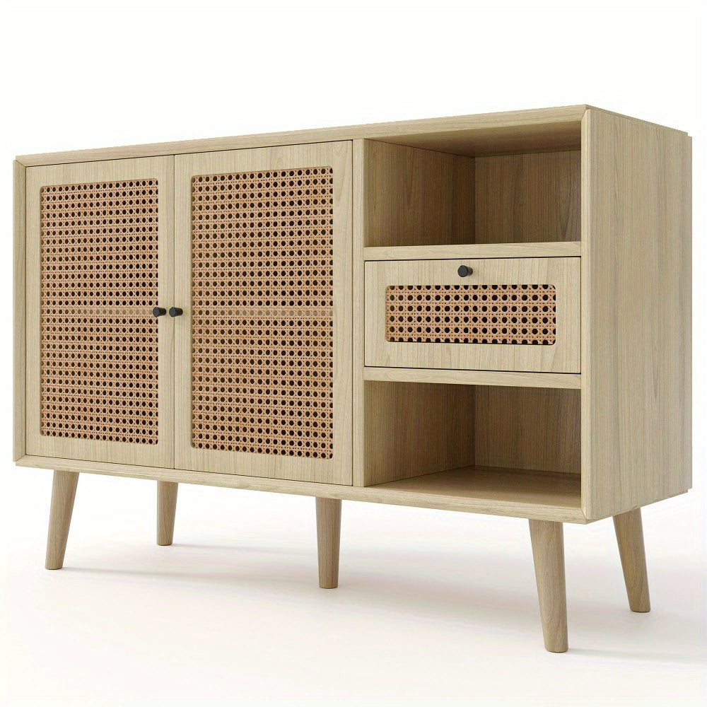 Dressoir – Ladekast – Opbergkast – Buffetkast – Kast – MDF Constructie – Massief Houten Poten – 1 Lade – 2 Deuren Met Rattan Vlechtwerk – Verstelbare Planken – Eikenlook 120x40x80 cm