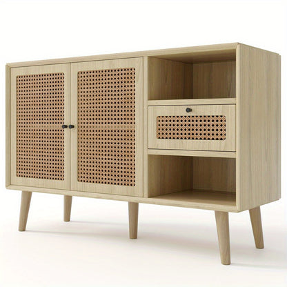 Dressoir – Ladekast – Opbergkast – Buffetkast – Kast – MDF Constructie – Massief Houten Poten – 1 Lade – 2 Deuren Met Rattan Vlechtwerk – Verstelbare Planken – Eikenlook 120x40x80 cm