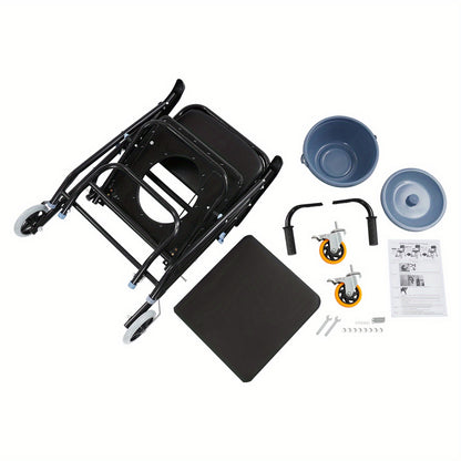 Douche- en Toiletstoel – Douchekruk – Badkamerstoel – Commode Stoel – Opvouwbare Wielenstoel – Verstelbare Hoogte – 5-Posities Rugleuning – Comfortabel Kussen – Stevig Stalen Frame – Zwart