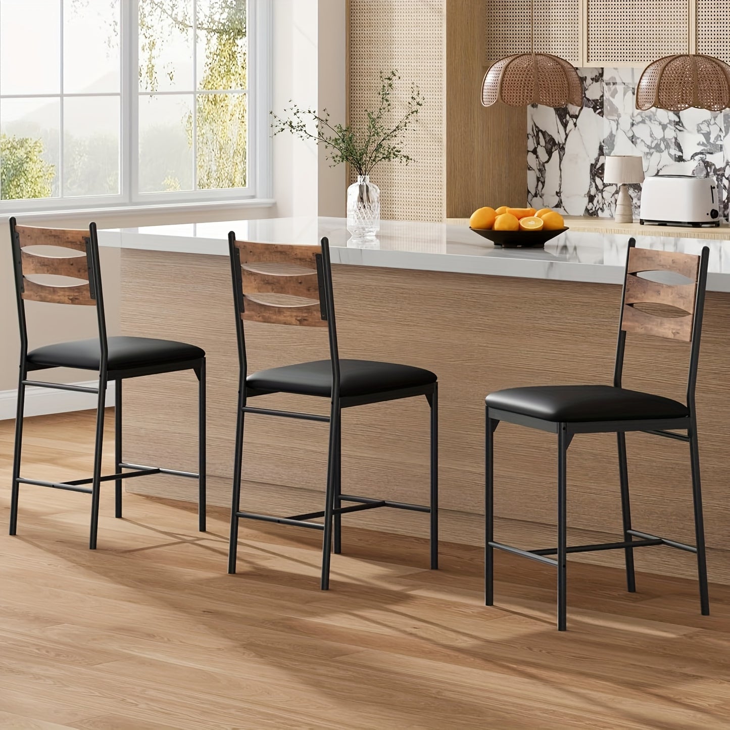 Barkrukken – Barkrukstoel – Barstoelen – Keukenstoel – Vintage Barkrukken Kleur – Massief Hout & Metaal – Zachte Kunstleren Zitting Met Rugleuning & Voetsteun