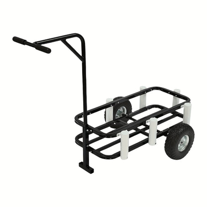 Vistuigwagen – Viswagen – Outdoor Kar – Viskar – Campingkar – Zwarte uitvoering – Hoogwaardig Koolstofstaal – Dubbele Rubber Wielen – 7 Hengelhouders – Antislip Handvat – Verstelbare Voorpoot voor Stabiliteit