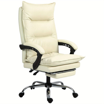 Bureaustoel – Kantoorstoel – Office Chair – Werkstoel – Bureau Stoel – Ergonomisch Design – Verstelbare Zithoogte 55-63 cm – Ingebouwde Voetensteun – Beige Kunstleer – Stevige Houten Basis