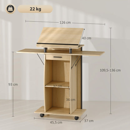 Presentatiewagen – Mobiel Presentatiepodium – Laptoptafel – Podium met Opbergruimte – Verrijdbaar Trolley – Inklapbare Zijpanelen – Stevig Hout – Ergonomische Hoogte 117 cm