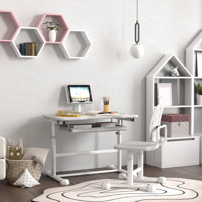Kinderbureau met Stoel – Kindertafel – Schrijftafel – Studiehoek – Speeltafel – 45° Verstelbaar Werkblad – Hoogte Verstelbaar Grijs