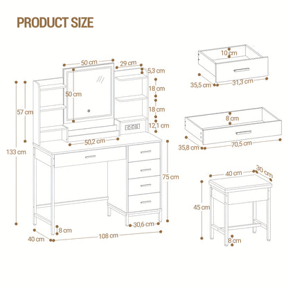 Dressing Table, With Padded Stool, HD Mirror And Adjustable LED Lights, Socket And USB, 5 Drawers, Open Storage Compartment, Simplicity, Mounted Closet Systems