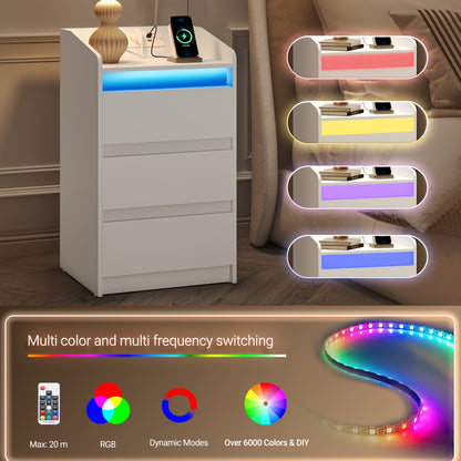 Nachtkastje – Bedside Table – Opbergkastje – Dressoir – Ladekast – Wit – Met Oplaadstation en USB – 3 Laden per Kast – LED Sfeerverlichting
