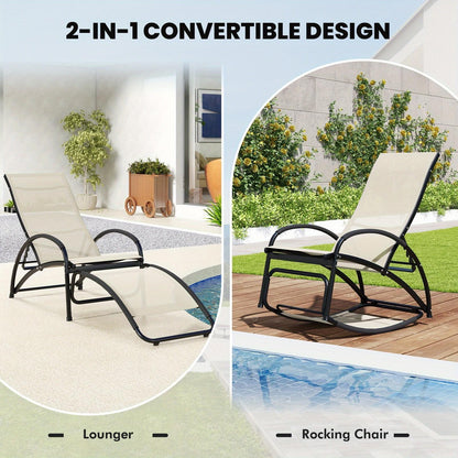 2-in-1 Schommelstoel – Ligstoel – Tuinstoel – Lounge Stoel – Relaxstoel – Verstelbare Rugleuning 4 Posities – Lichtgewicht Aluminium Frame – Beige