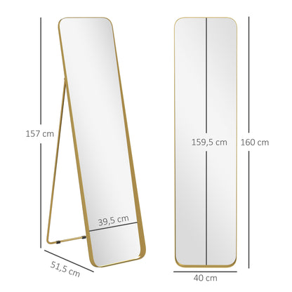 Vloerspiegel – Staande Spiegel – Grote Spiegel – Kantelbare Spiegel – Volledige Lengte Spiegel – Vrijstaand – Metalen Frame – 160x40 cm – Goudkleurige Afwerking
