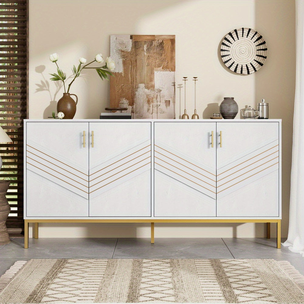 4-Deurs Kast – Dressoir – Sideboard – Opbergkast – Woonkamerkast – Wit Met Gouden Details – Verstelbare Legplanken – Ruime Opbergruimte