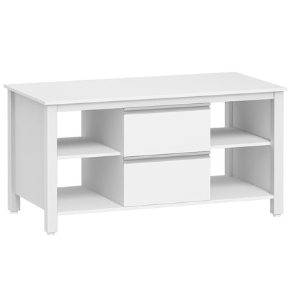Salontafel – Woonkamertafel – Bijzettafel – Sofa Tafel – Tafel Met Lades – Wit Mat – 100x50x50 cm – Stalen Poten – 2 Lades + 4 Open Vakken
