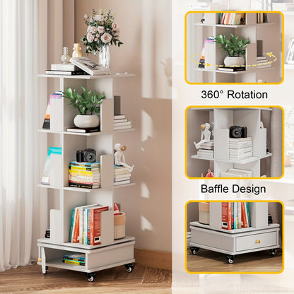 Boekenkast – Boekenrek – Opbergkast – Draaibare Kast – Mobiele Boekenkast – 3-laags met Lade – 360° Draaibaar met Vergrendelbare Wielen – Duurzaam Hardhout, Compact & Ruimtebesparend