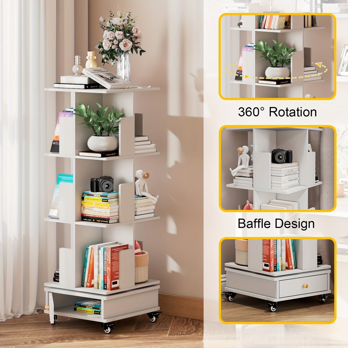 Draaibare Boekenkast – Boekenplank – Opbergkast – Rotatiekast – Witte Boekenkast – 3 Laags Met Lade – 360° Draaibare Planken – Lockbare Wieltjes