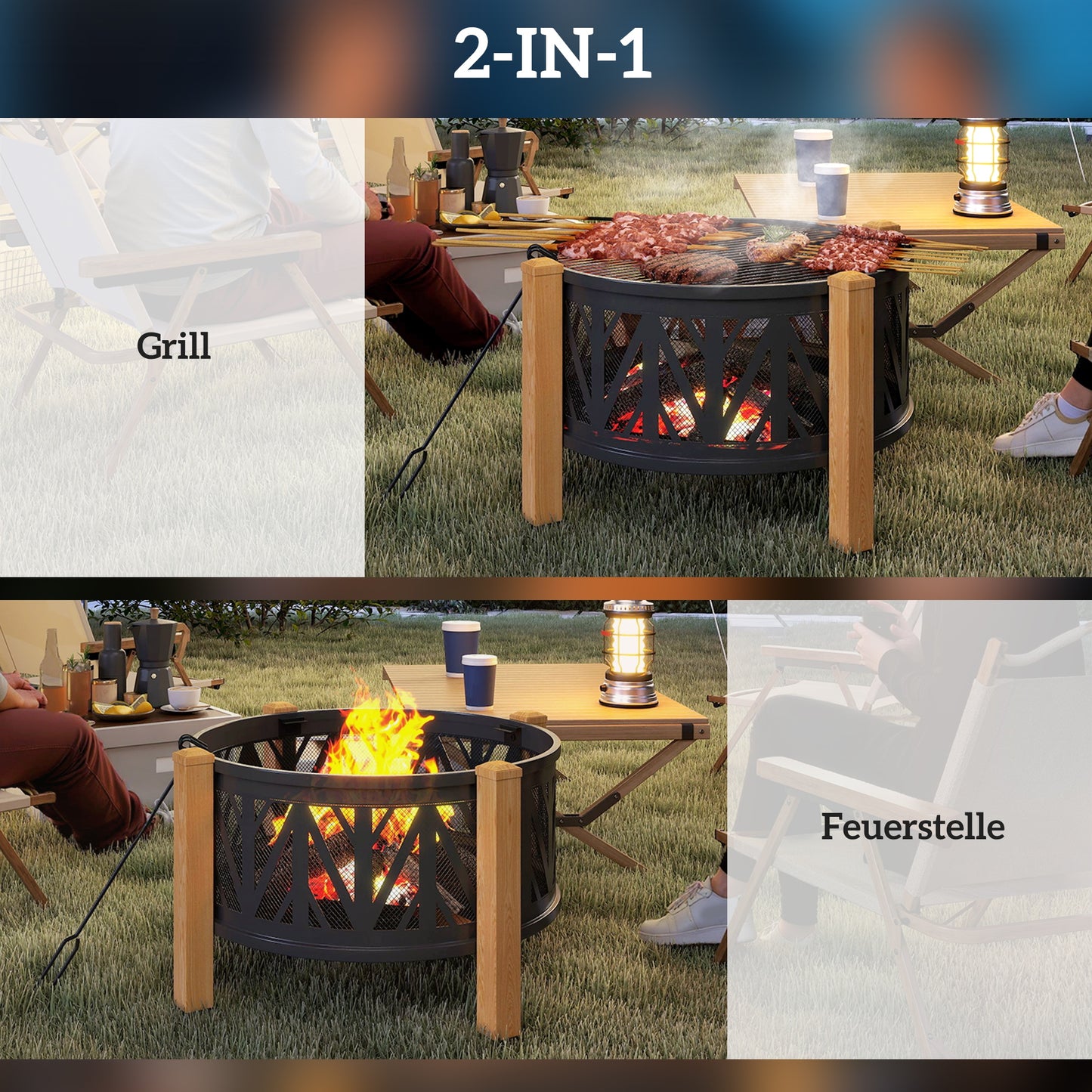 Vuurschaal – Vuurkorf – Tuinhaard – Buitenhaard – Barbecue – 2-In-1 Design – Grillrooster Ø58 Cm – Zwart-Bruin Metalen Behuizing