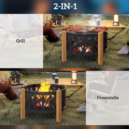Vuurschaal – Vuurkorf – Tuinhaard – Buitenhaard – Barbecue – 2-In-1 Design – Grillrooster Ø58 Cm – Zwart-Bruin Metalen Behuizing