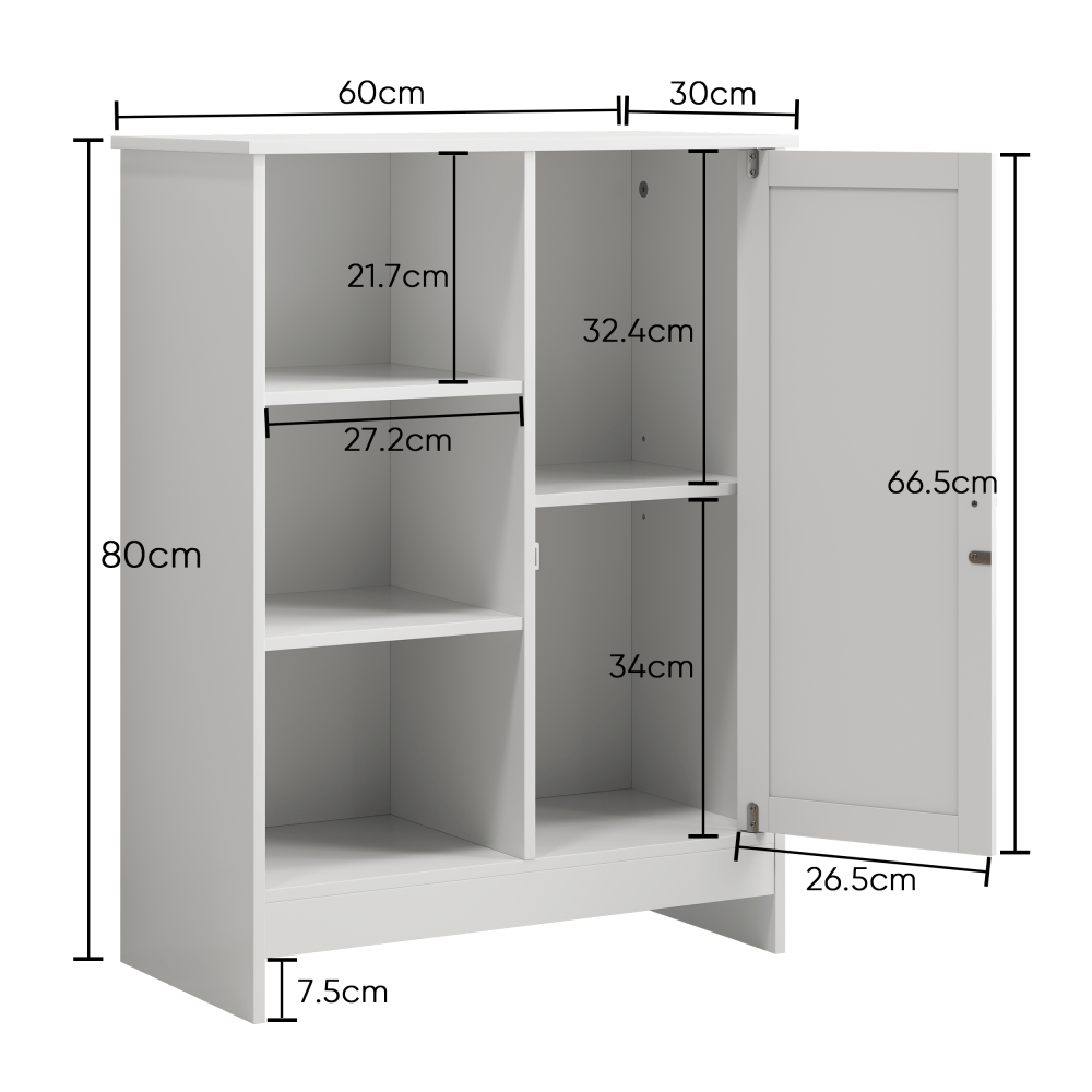 Modern White Metal Freestanding Kitchen Cabinet with Door & 3 Open Shelves - Adjustable Height Storage Rack, 60x30x80cm, Easy Assembly, Ideal for Small Kitchens & Apartments, Pantry, Kitchen Organizers And Storage, Kitchen Pa
