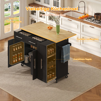 Expandable/Retractable Kitchen Island with Folding Leaf Extension & Storage Cart - Heavy-Duty Mobile Cart with 3-Tier Pull-Out Cabinet, Internal Shelving, 2 Drawers & Towel Rail - Space-Saving Suitable for Dining Areas, Assem