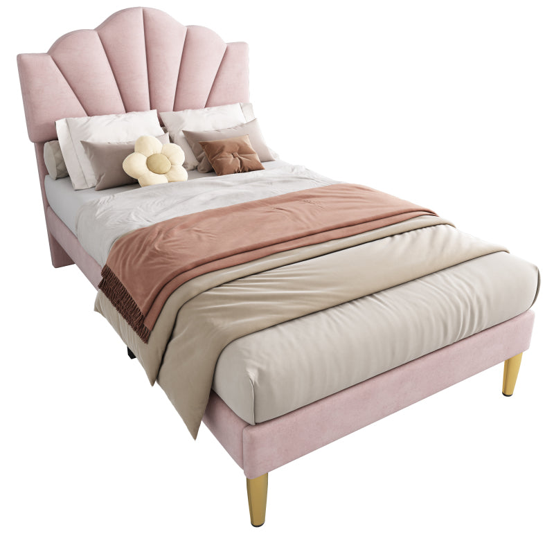Eenpersoonsbed – Eenpersoonsbedden – Kinderbed – Opbergbed – Slaapbank – Gestoffeerd Roze Fluweel – Verstelbaar Schelpvormig Hoofdbord – Lattenbodem Hout 90x200 cm