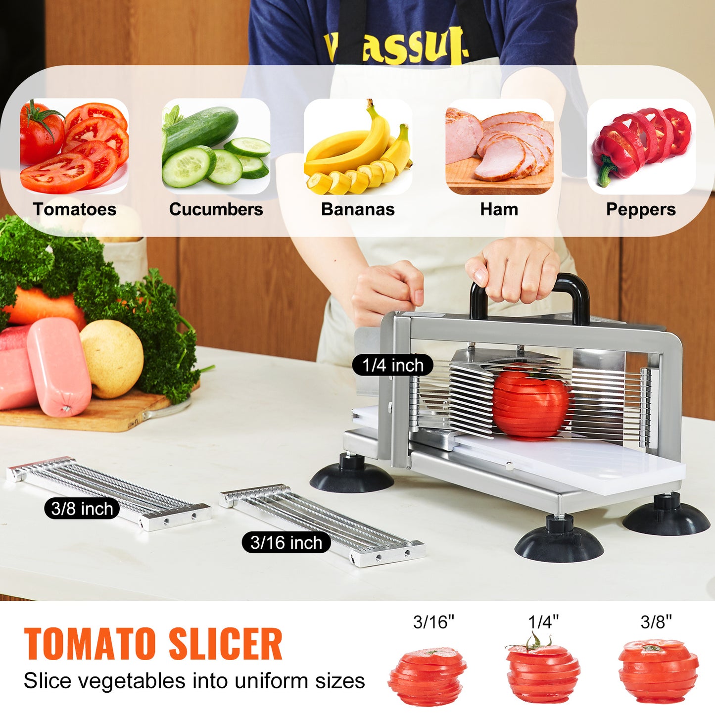 Tomatensnijder – Groentesnijder – Fruitsnijder – Snijmachine – Handmatige snijmachine – RVS Metalen Behuizing – 3 Dikte Instellingen 3/16" 1/4" 3/8" – Anti-slip Zuignappen Voor Stabiliteit