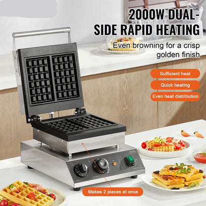 Wafelmaker – Wafelijzer – Wafelapparaat – Wafelmachine – Rechthoekige Wafels – 2000W Vermogen – RVS Behuizing Met Instelbare Temperatuur