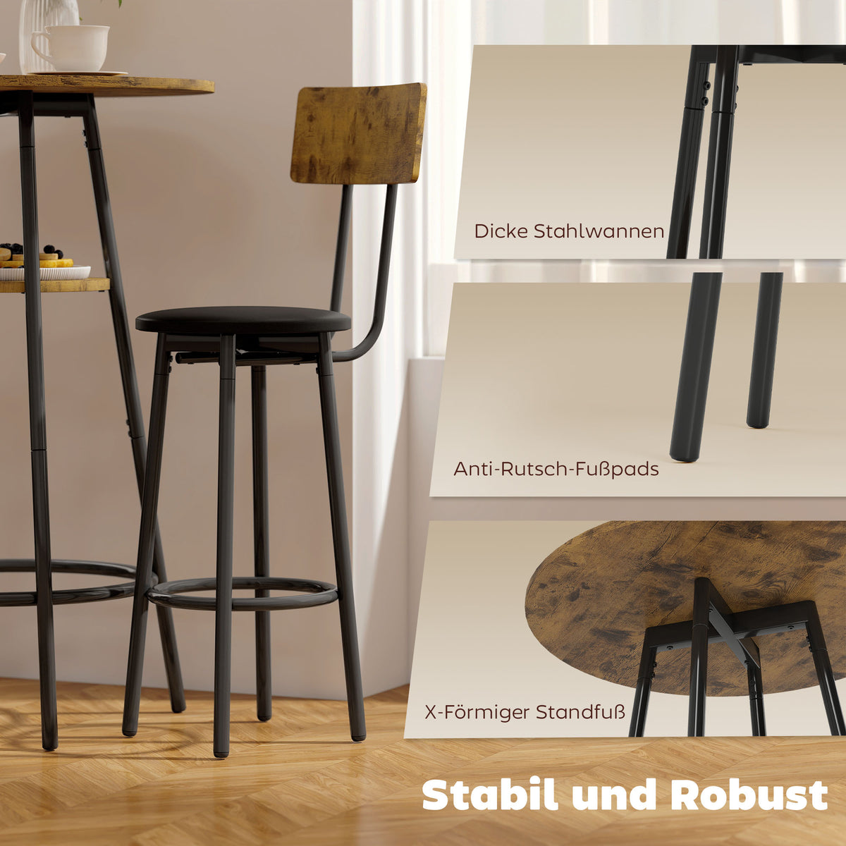 3-Delige Barset – Bartafel Set – Barkrukken Set – Barmeubel – Keukenbar – Rustic-Bruin – Comfortabele Kunstleren Zitting – Stabiel Metalen Frame