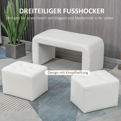 Poef – Hocker – Voetenbankje – Kruk – Opbergpoef – Set van 3 – Wit – Comfortabel Zitten – Stevig Eucalyptushouten Frame