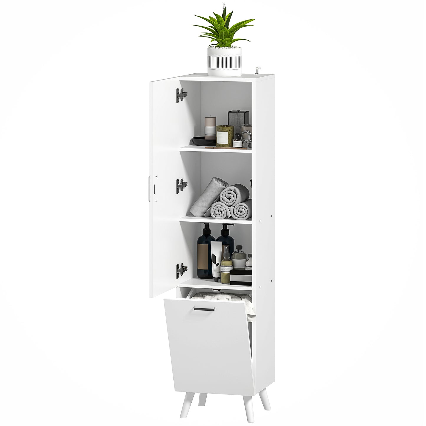 Badkamerkolomkast – Opbergkast – Kolomkast – Kast Met Deur – Stijlvolle Badkamerkast – Wit – 35x31,5x144 cm – Met Kantelbare Wasmand – Anti-Kantel Systeem
