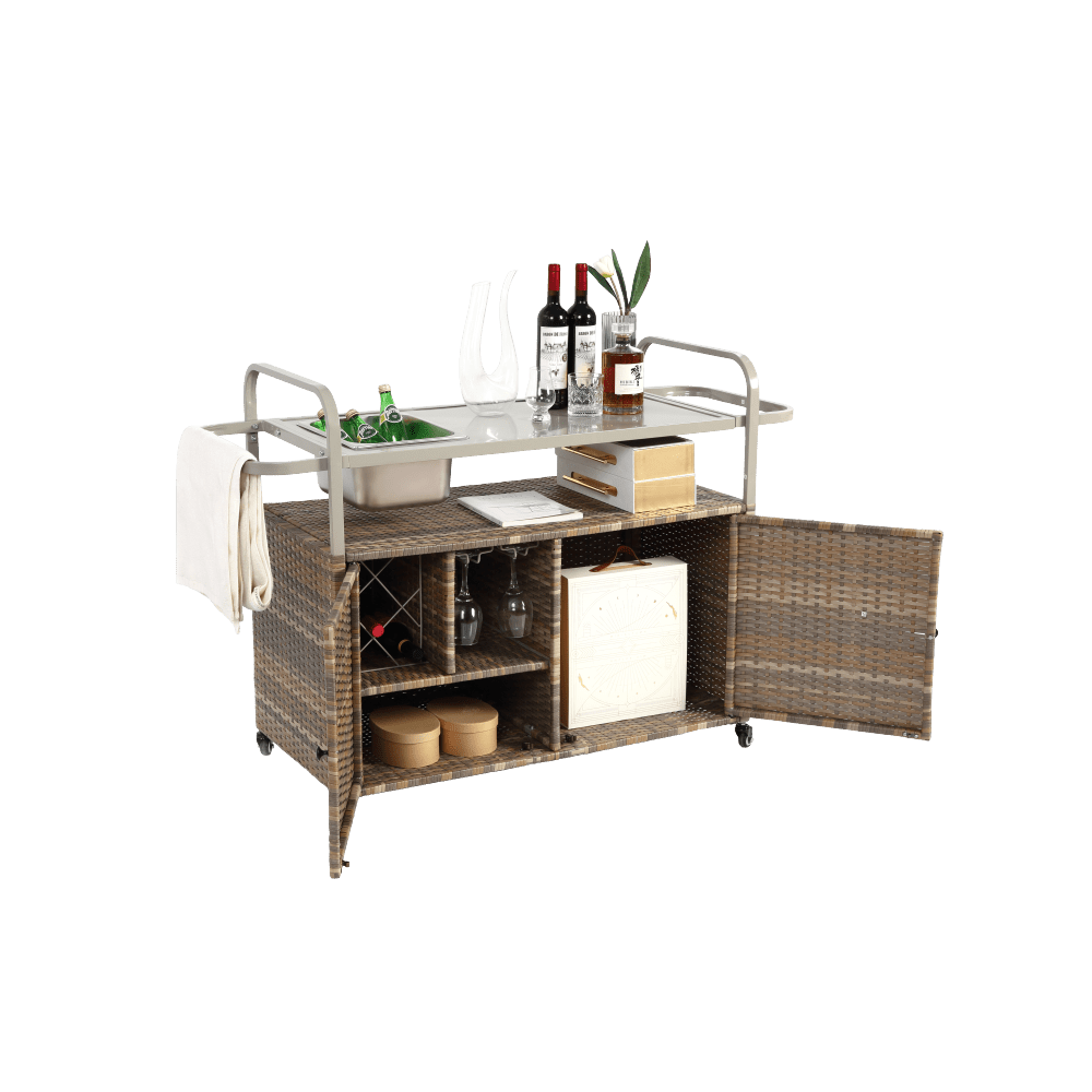 Wicker Bar Trolley – Barkaart – Serveerwagen – Buitenwagen – Tuinwagen – Beige Wicker – Met Metalen Tafelblad – Voorzien Van Vergrendelbare Wieltjes