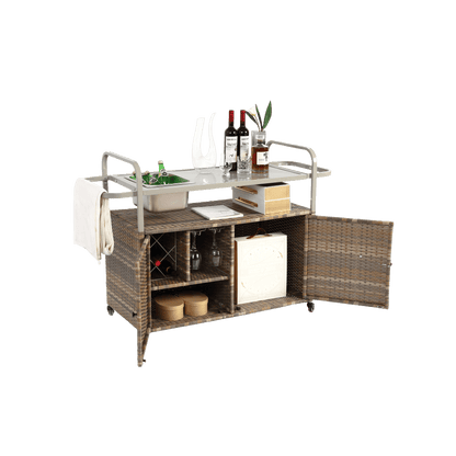 Wicker Bar Trolley – Barkaart – Serveerwagen – Buitenwagen – Tuinwagen – Beige Wicker – Met Metalen Tafelblad – Voorzien Van Vergrendelbare Wieltjes
