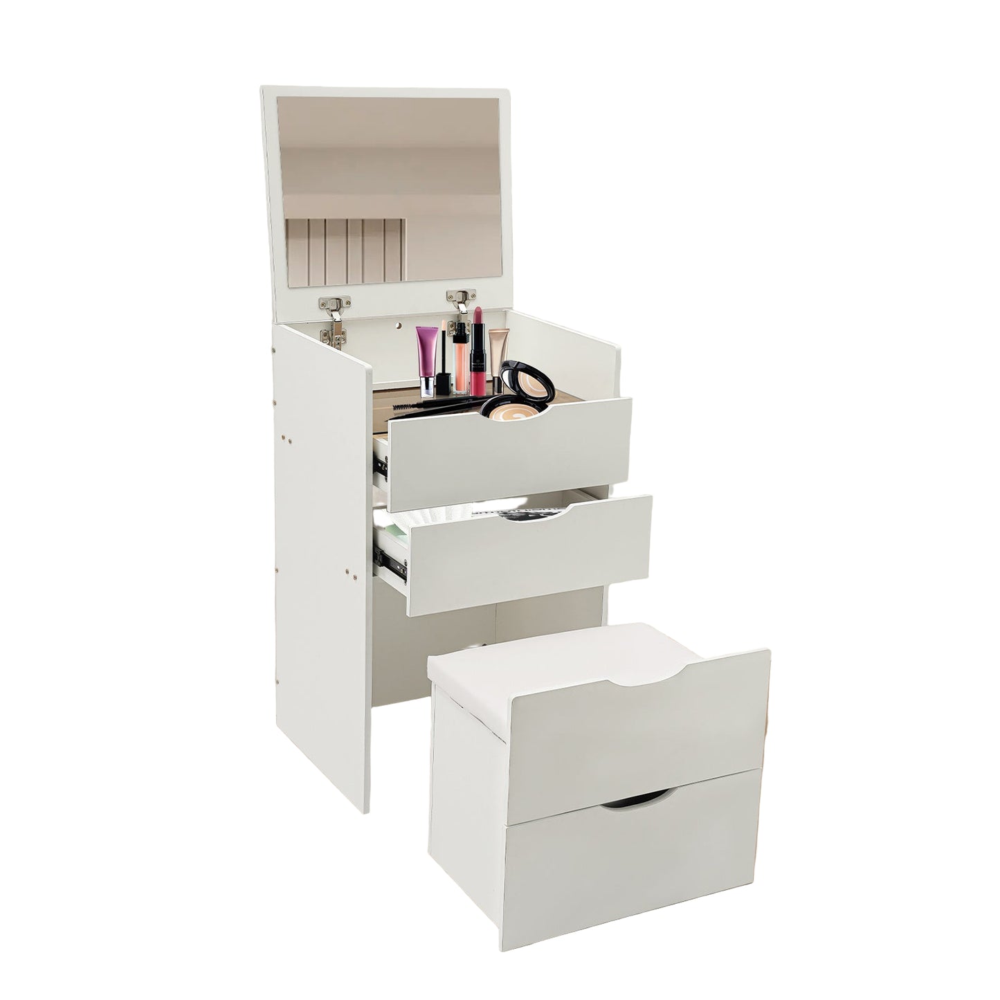 Toilettafel – Kaptafel – Make-up Tafel – Opmaaktafel – Dressing Table – Compact Ontwerp – Hout Met 3 Lades En Klapbare Spiegel – Crèmewit