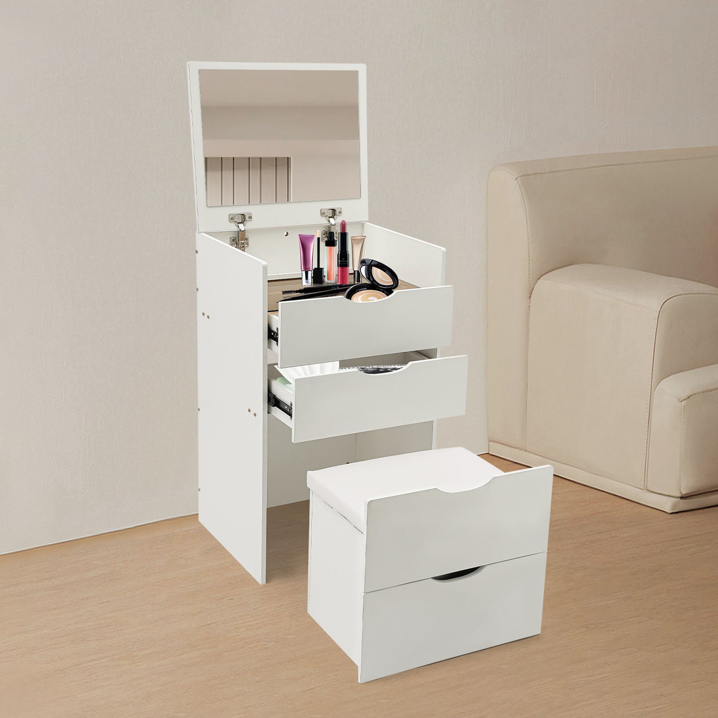 CNCEST Modern Compact Vanity Desk with Makeup Stool - 3-Drawer Storage, Flip-Top Mirror, Space-Saving Design, Sturdy Hardwood Construction, Cream White/Cream Pink/Log Finish for Small Spaces, Dorm, Apartment, Studio, Makeup V