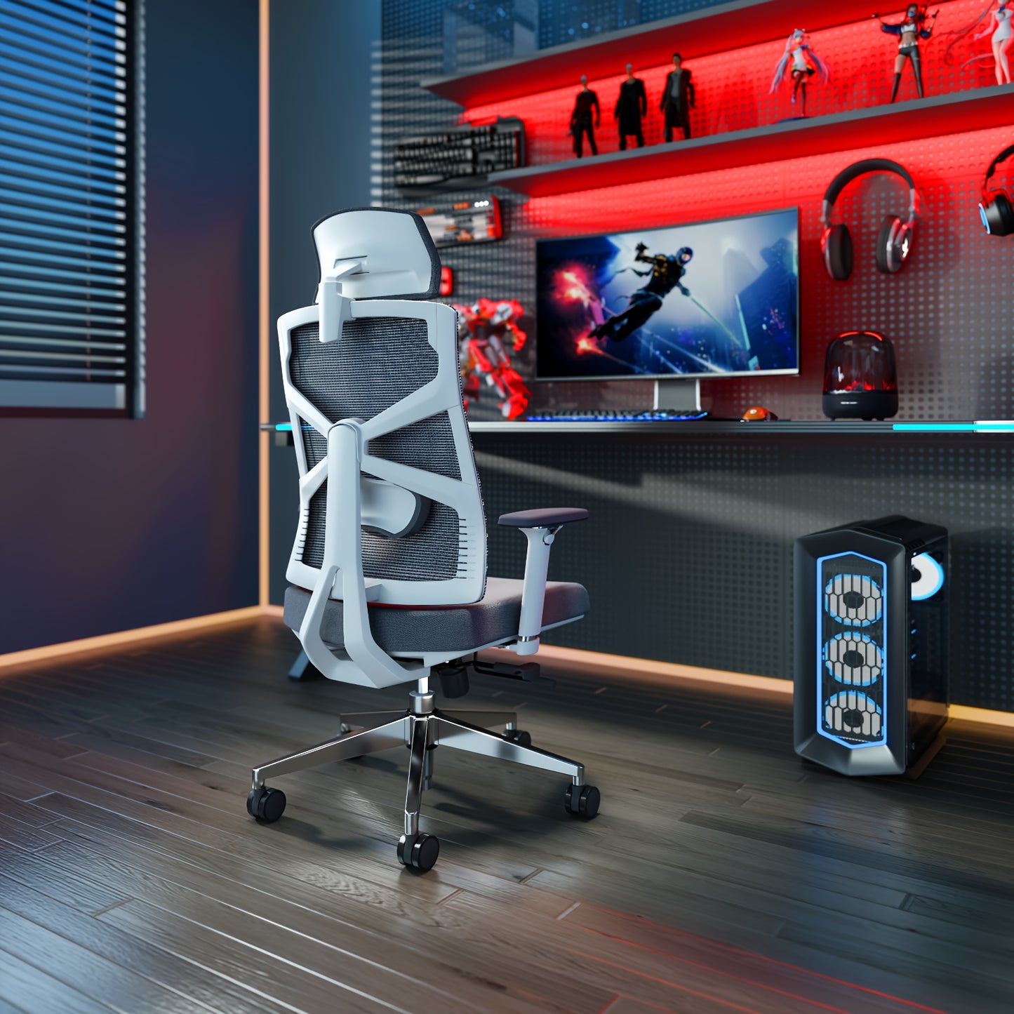Ergonomische Bureaustoel – Kantoorstoel – Werkstoel – Computerstoel – Gamingstoel – Ademend Mesh – 4D Verstelbare Armleuningen – Verstelbare Hoofd- en Lendensteun – Traagschuim Zitkussen – 360° Draaibaar – Wit Frame