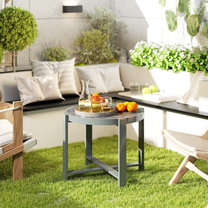 Buitentafel – Bijzettafel – Balkontafel – Koffietafel – Eettafel – Verstelbare Hoogte – Weerbestendig Aluminium met Marmerlook Tafelblad