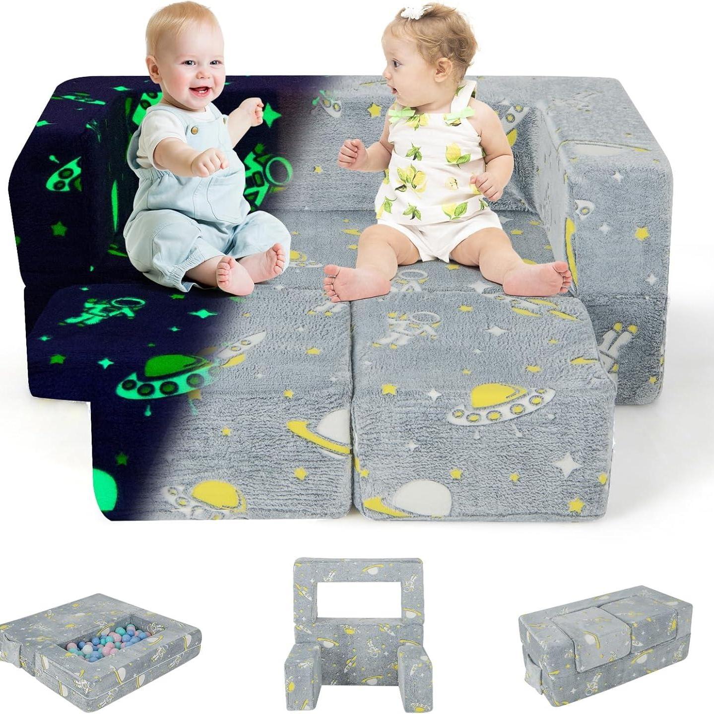 Kinderfauteuil – Kinderbank – Kindersofa – Speelbank – 4-in-1 Met 2 Poefjes – Gloeit In Het Donker – Afneembare Wasbare Hoezen